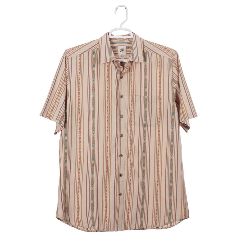 The Territory Ahead Shirt L LT Beige Southwestern Striped Cotton Short Sleeve
